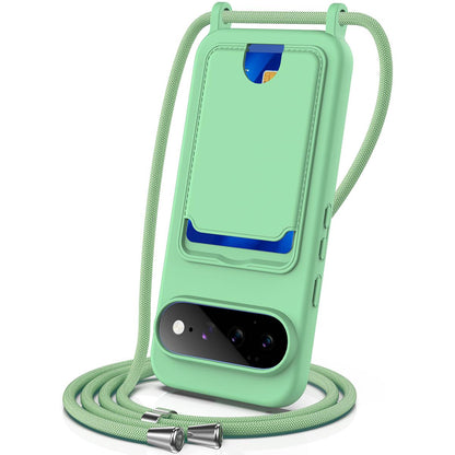 For Google Pixel 11 Integrated Card Bag Solid Color Liquid Silicone Phone Case with Lanyard - Green - EDA007189112B