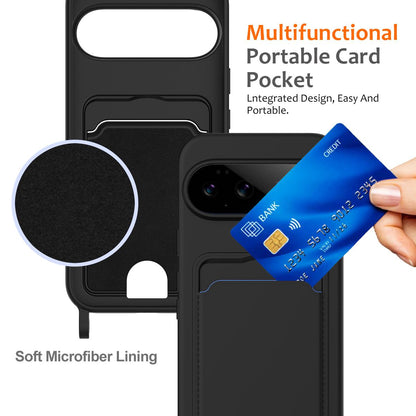 For Google Pixel 11 Integrated Card Bag Solid Color Liquid Silicone Phone Case with Lanyard - Black - EDA007189112C