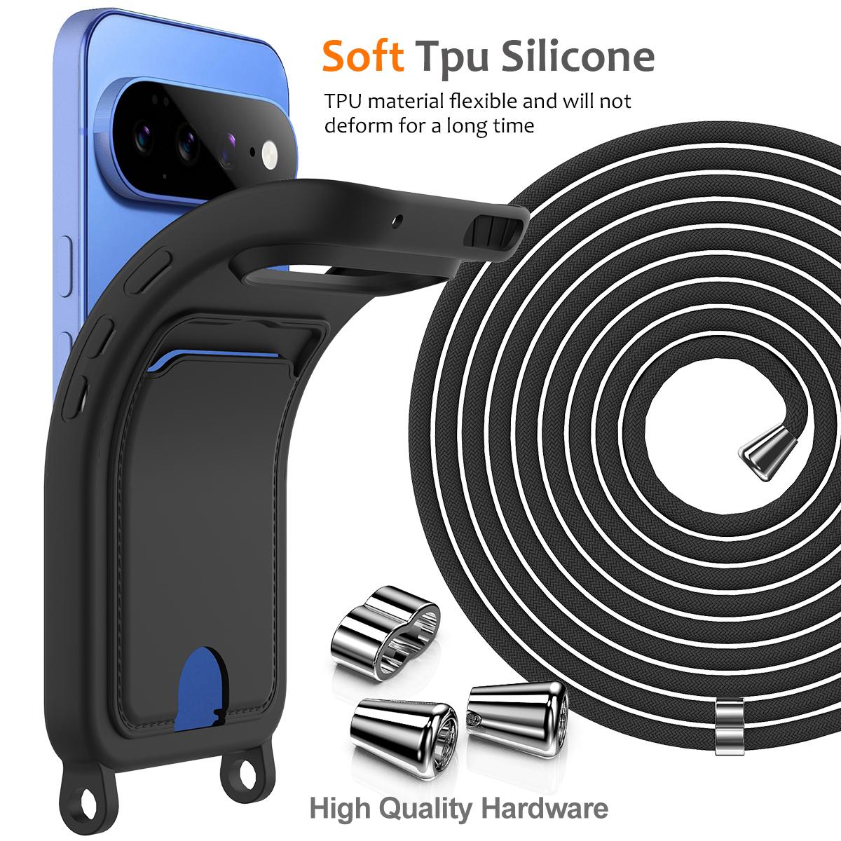 For Google Pixel 11 Integrated Card Bag Solid Color Liquid Silicone Phone Case with Lanyard - Black - EDA007189112C