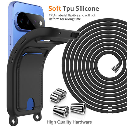 For Google Pixel 11 Integrated Card Bag Solid Color Liquid Silicone Phone Case with Lanyard - Black - EDA007189112C