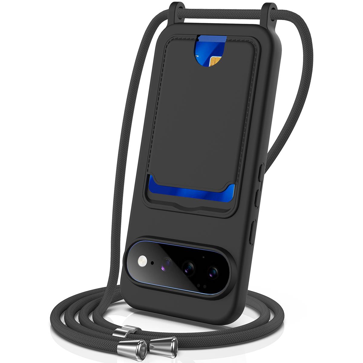 For Google Pixel 11 Integrated Card Bag Solid Color Liquid Silicone Phone Case with Lanyard - Black - EDA007189112C