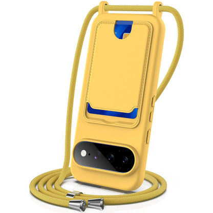 For Google Pixel 11 Integrated Card Bag Solid Color Liquid Silicone Phone Case with Lanyard - Yellow - EDA007189112D