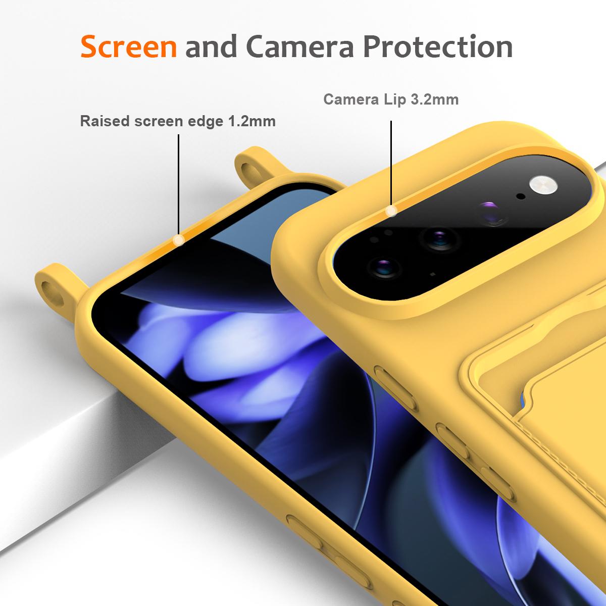 For Google Pixel 11 Integrated Card Bag Solid Color Liquid Silicone Phone Case with Lanyard - Yellow - EDA007189112D