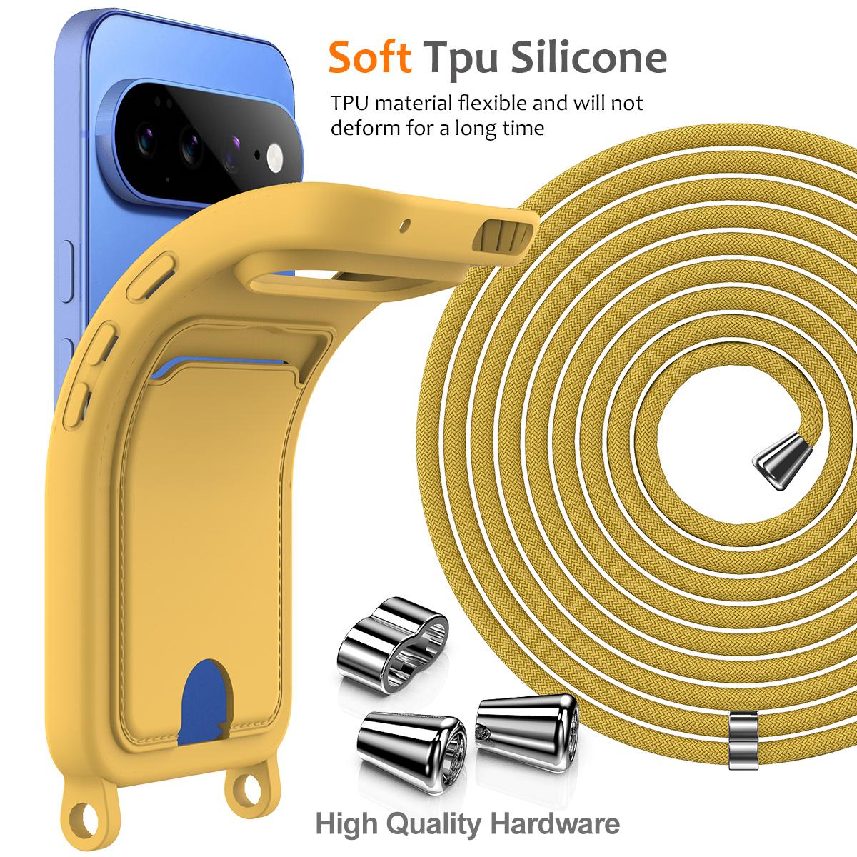 For Google Pixel 11 Integrated Card Bag Solid Color Liquid Silicone Phone Case with Lanyard - Yellow - EDA007189112D