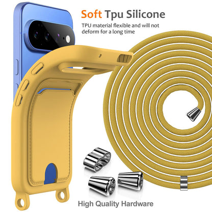 For Google Pixel 11 Integrated Card Bag Solid Color Liquid Silicone Phone Case with Lanyard - Yellow - EDA007189112D