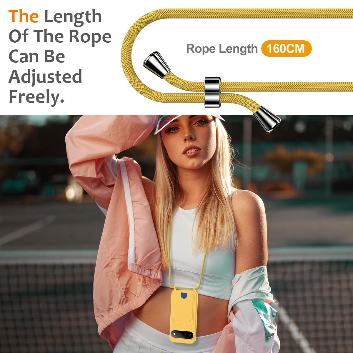 For Google Pixel 11 Integrated Card Bag Solid Color Liquid Silicone Phone Case with Lanyard - Yellow - EDA007189112D