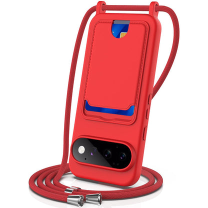 For Google Pixel 11 Pro Integrated Card Bag Solid Color Liquid Silicone Phone Case with Lanyard - Red - EDA007189113A