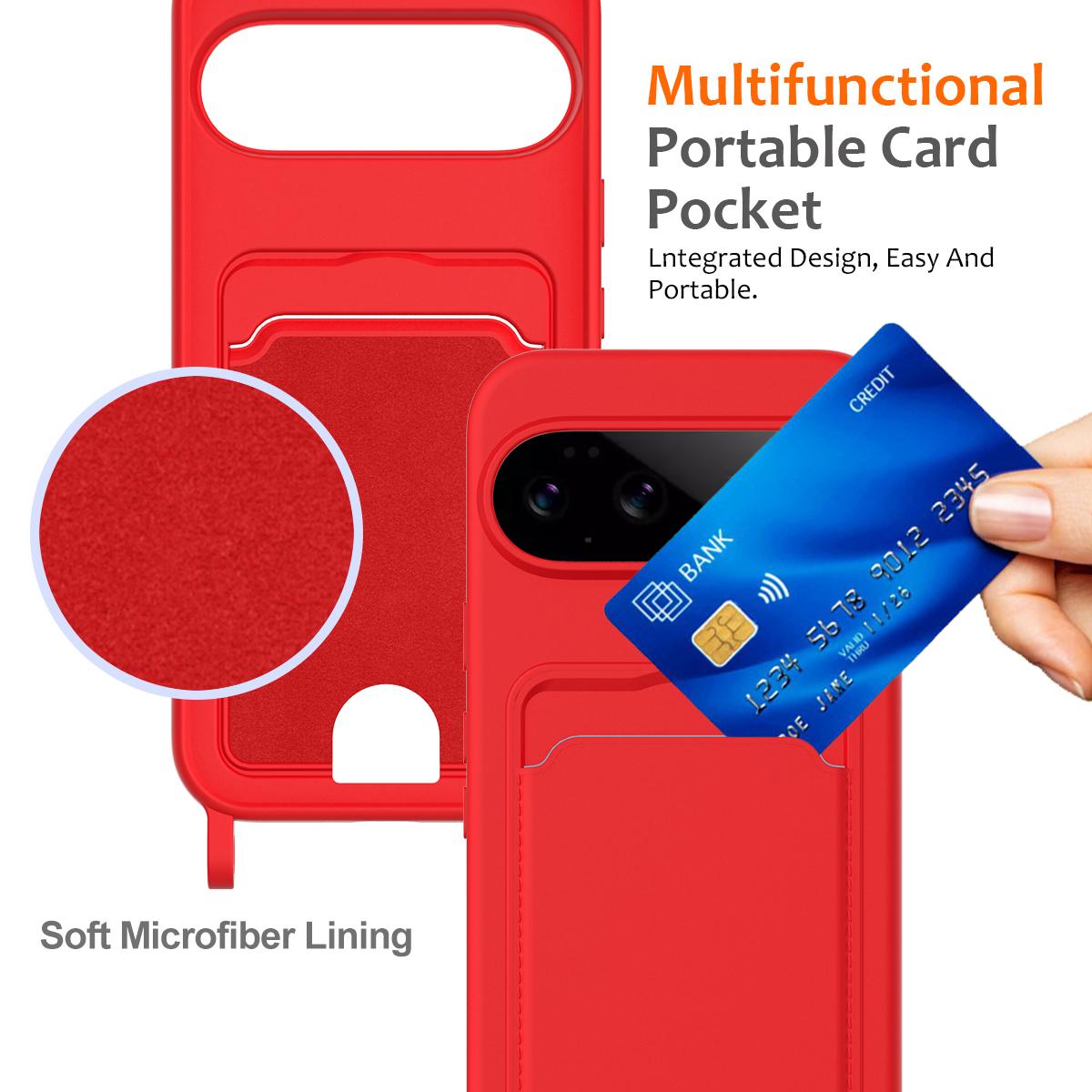 For Google Pixel 11 Pro Integrated Card Bag Solid Color Liquid Silicone Phone Case with Lanyard - Red - EDA007189113A