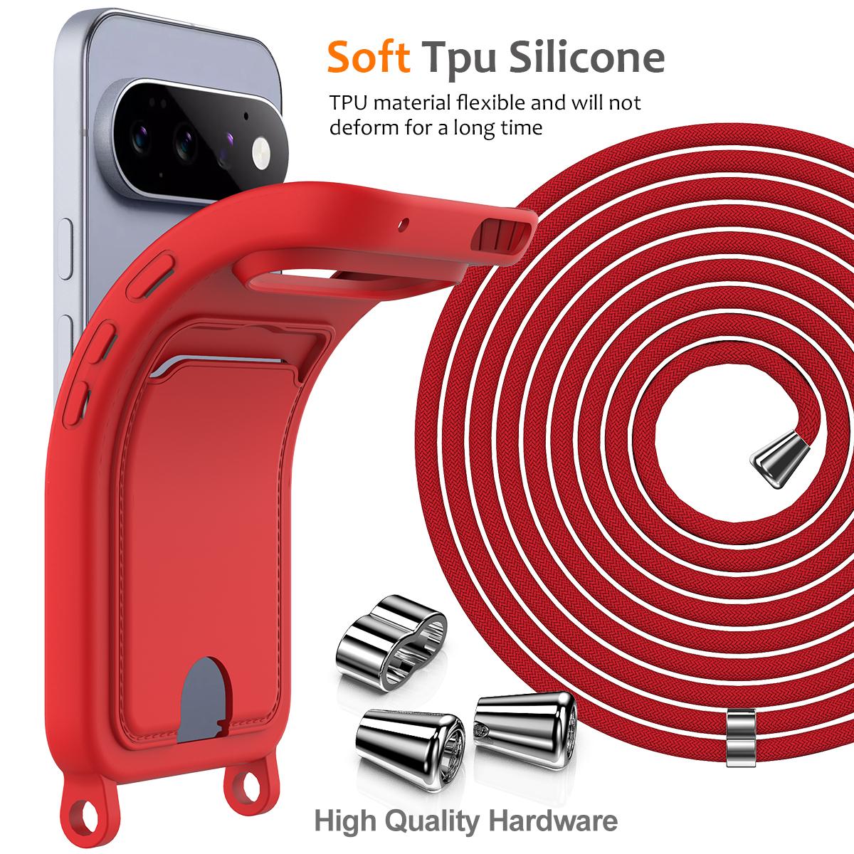 For Google Pixel 11 Pro Integrated Card Bag Solid Color Liquid Silicone Phone Case with Lanyard - Red - EDA007189113A