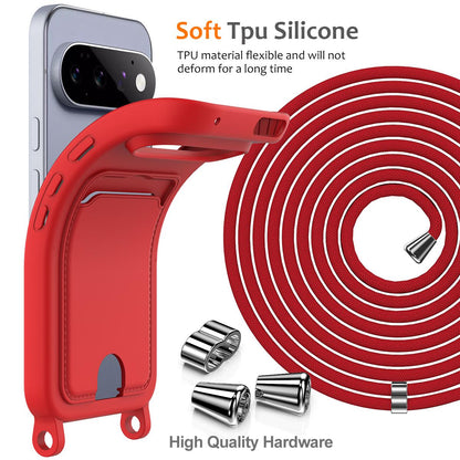 For Google Pixel 11 Pro Integrated Card Bag Solid Color Liquid Silicone Phone Case with Lanyard - Red - EDA007189113A