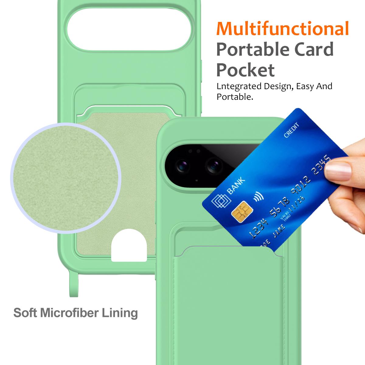 For Google Pixel 11 Pro Integrated Card Bag Solid Color Liquid Silicone Phone Case with Lanyard - Green - EDA007189113B