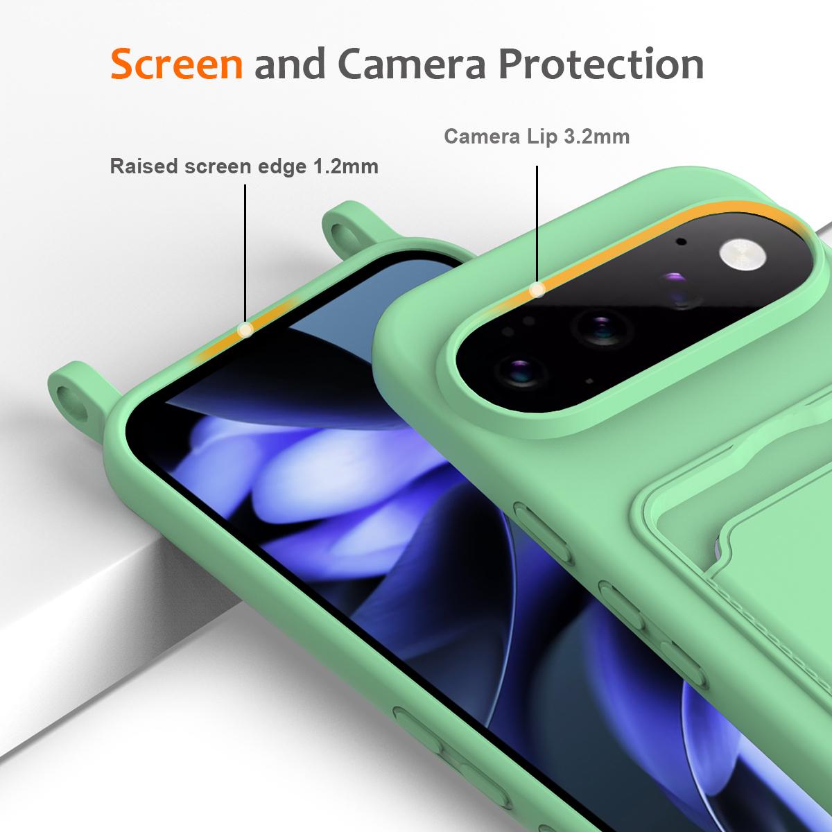 For Google Pixel 11 Pro Integrated Card Bag Solid Color Liquid Silicone Phone Case with Lanyard - Green - EDA007189113B