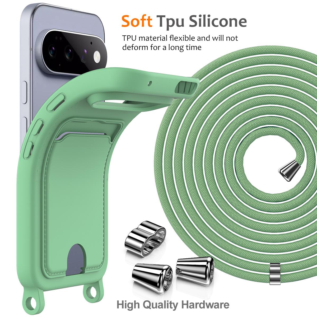 For Google Pixel 11 Pro Integrated Card Bag Solid Color Liquid Silicone Phone Case with Lanyard - Green - EDA007189113B