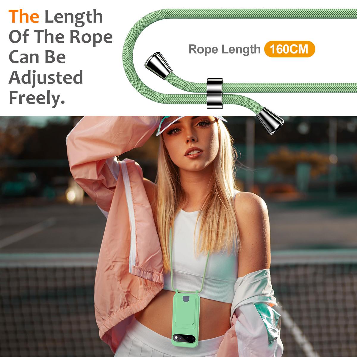 For Google Pixel 11 Pro Integrated Card Bag Solid Color Liquid Silicone Phone Case with Lanyard - Green - EDA007189113B