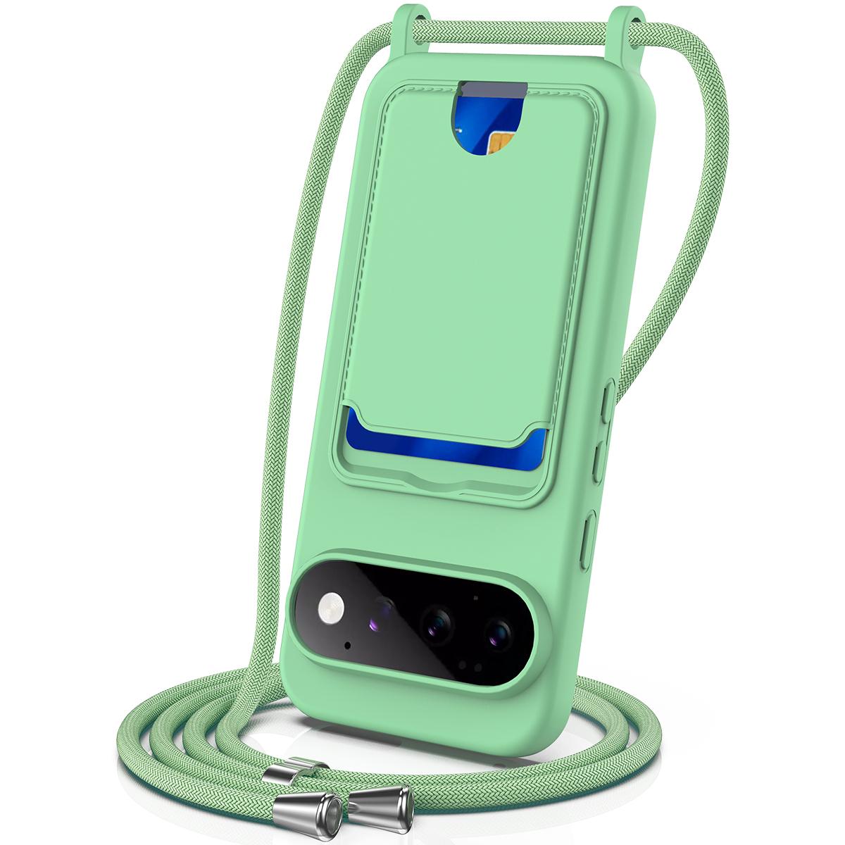 For Google Pixel 11 Pro Integrated Card Bag Solid Color Liquid Silicone Phone Case with Lanyard - Green - EDA007189113B