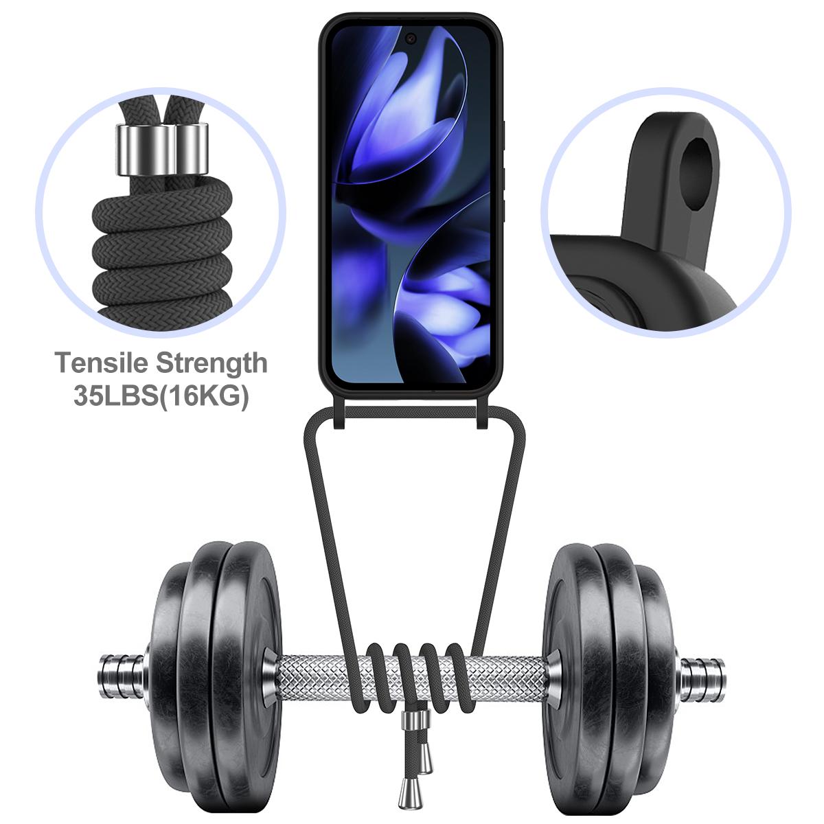 For Google Pixel 11 Pro Integrated Card Bag Solid Color Liquid Silicone Phone Case with Lanyard - Black - EDA007189113C