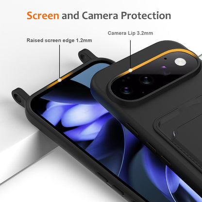 For Google Pixel 11 Pro Integrated Card Bag Solid Color Liquid Silicone Phone Case with Lanyard - Black - EDA007189113C