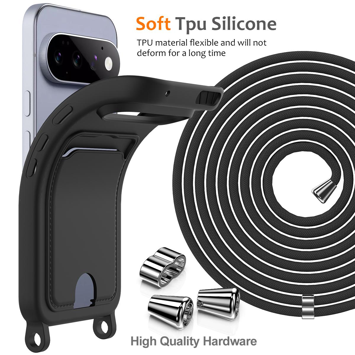 For Google Pixel 11 Pro Integrated Card Bag Solid Color Liquid Silicone Phone Case with Lanyard - Black - EDA007189113C