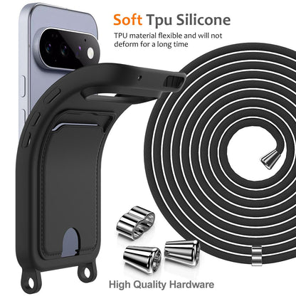 For Google Pixel 11 Pro Integrated Card Bag Solid Color Liquid Silicone Phone Case with Lanyard - Black - EDA007189113C