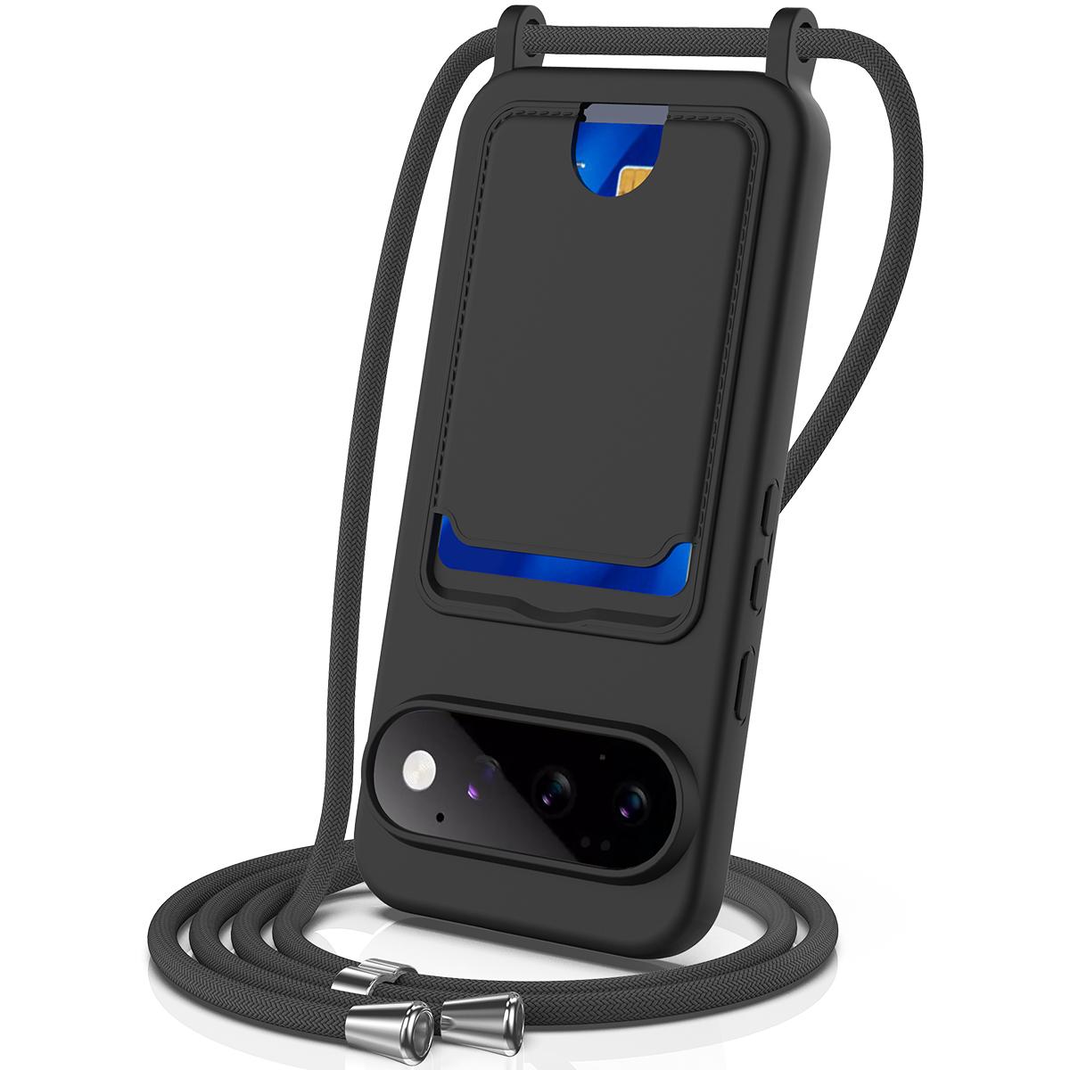 For Google Pixel 11 Pro Integrated Card Bag Solid Color Liquid Silicone Phone Case with Lanyard - Black - EDA007189113C