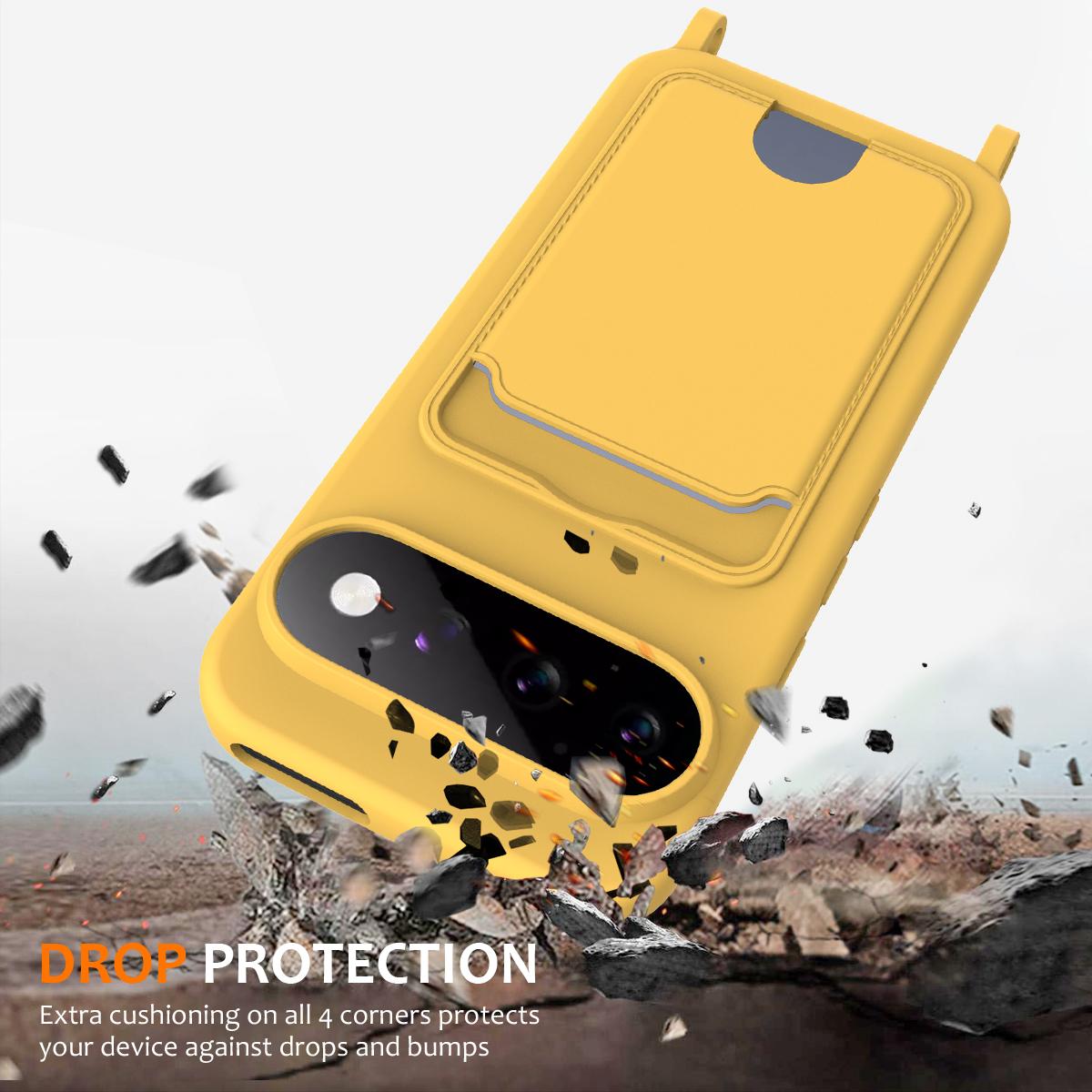 For Google Pixel 11 Pro Integrated Card Bag Solid Color Liquid Silicone Phone Case with Lanyard - Yellow - EDA007189113D