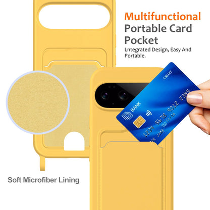 For Google Pixel 11 Pro Integrated Card Bag Solid Color Liquid Silicone Phone Case with Lanyard - Yellow - EDA007189113D