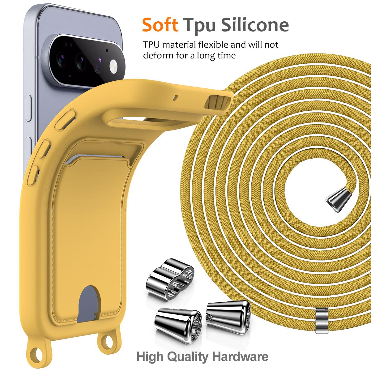 For Google Pixel 11 Pro Integrated Card Bag Solid Color Liquid Silicone Phone Case with Lanyard - Yellow - EDA007189113D