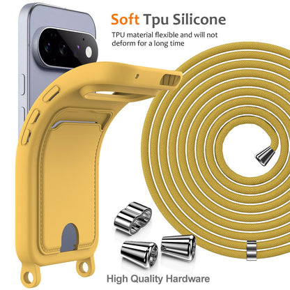 For Google Pixel 11 Pro Integrated Card Bag Solid Color Liquid Silicone Phone Case with Lanyard - Yellow - EDA007189113D