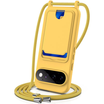 For Google Pixel 11 Pro Integrated Card Bag Solid Color Liquid Silicone Phone Case with Lanyard - Yellow - EDA007189113D