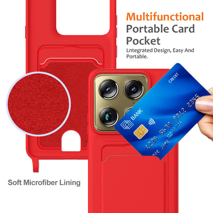 For Motorola Signature 5G / Edge 70 Ultra Integrated Card Bag Solid Color Liquid Silicone Phone Case with Lanyard - Red - EDA007261021A