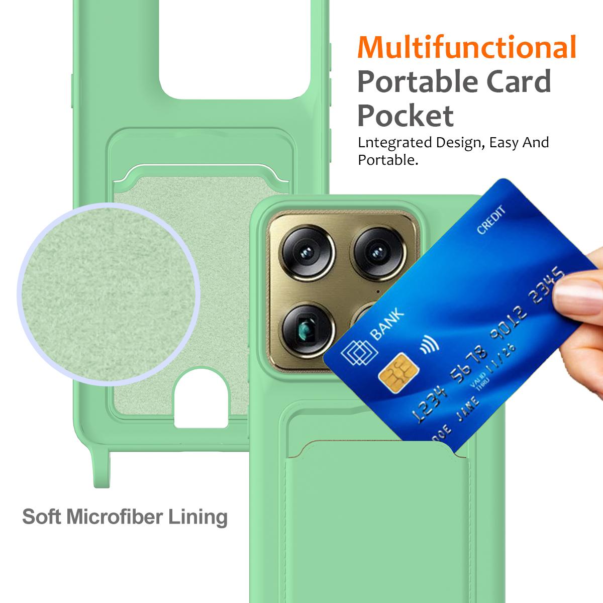 For Motorola Signature 5G / Edge 70 Ultra Integrated Card Bag Solid Color Liquid Silicone Phone Case with Lanyard - Green - EDA007261021B