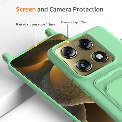 For Motorola Signature 5G / Edge 70 Ultra Integrated Card Bag Solid Color Liquid Silicone Phone Case with Lanyard - Green - EDA007261021B
