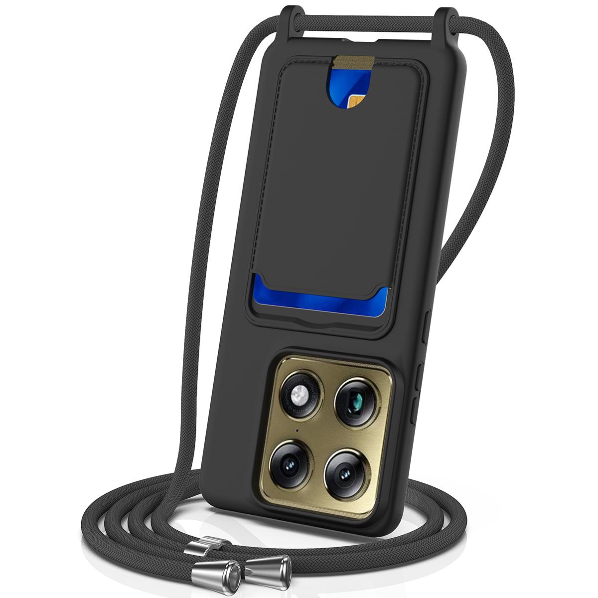 For Motorola Signature 5G / Edge 70 Ultra Integrated Card Bag Solid Color Liquid Silicone Phone Case with Lanyard - Black - EDA007261021C