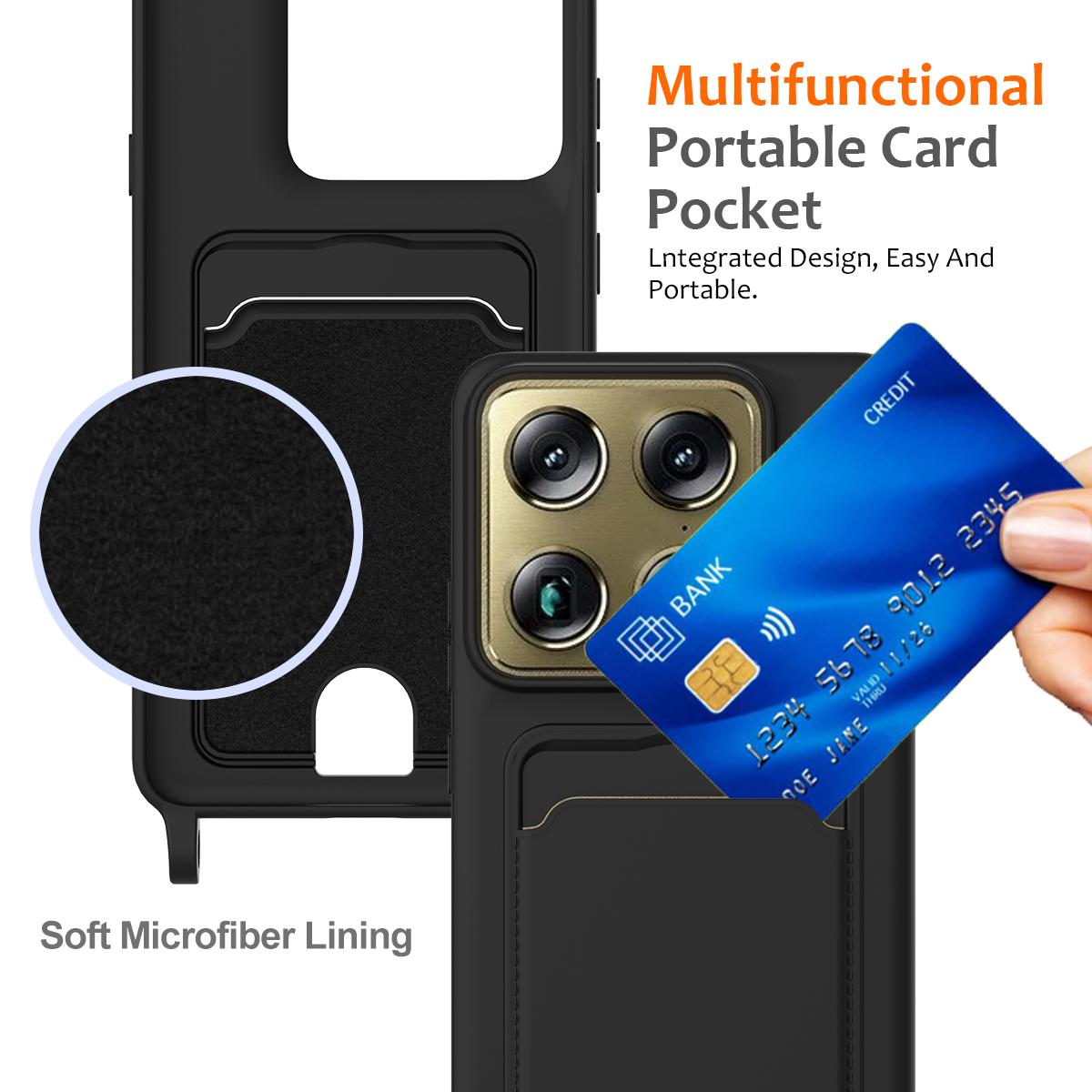 For Motorola Signature 5G / Edge 70 Ultra Integrated Card Bag Solid Color Liquid Silicone Phone Case with Lanyard - Black - EDA007261021C