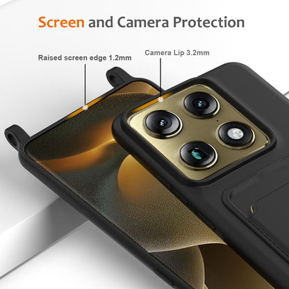 For Motorola Signature 5G / Edge 70 Ultra Integrated Card Bag Solid Color Liquid Silicone Phone Case with Lanyard - Black - EDA007261021C
