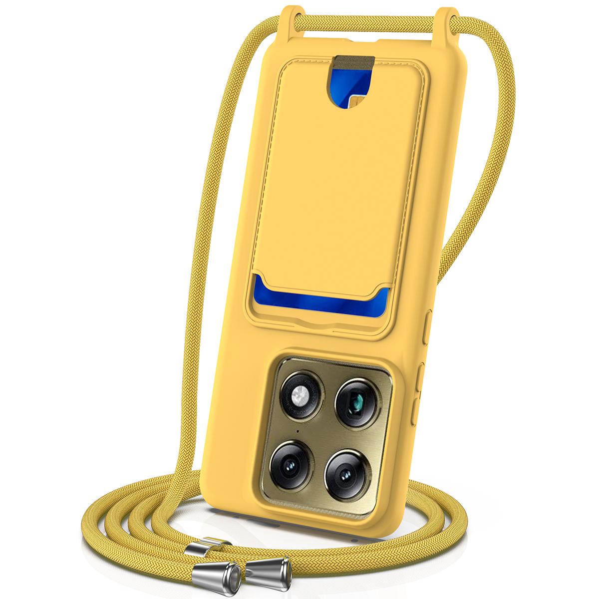 For Motorola Signature 5G / Edge 70 Ultra Integrated Card Bag Solid Color Liquid Silicone Phone Case with Lanyard - Yellow - EDA007261021D