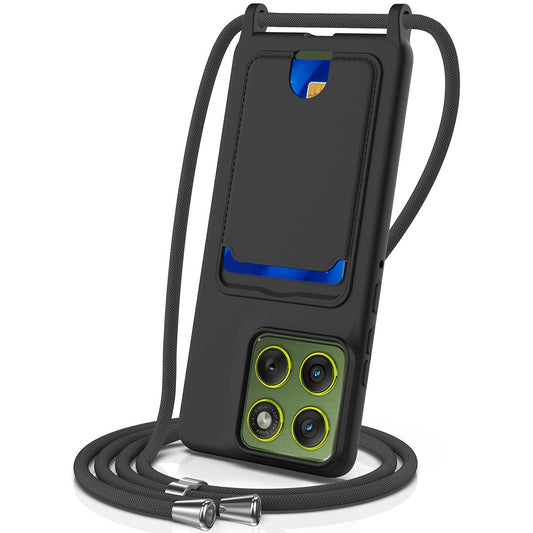 For Motorola Edge 70 Pro / 70 Pro+ 5G Integrated Card Bag Solid Color Liquid Silicone Phone Case with Lanyard - Black - EDA007261022C