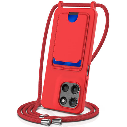 For Motorola Moto G Max 5G / G87 5G Integrated Card Bag Solid Color Liquid Silicone Phone Case with Lanyard - Red - EDA007261023A