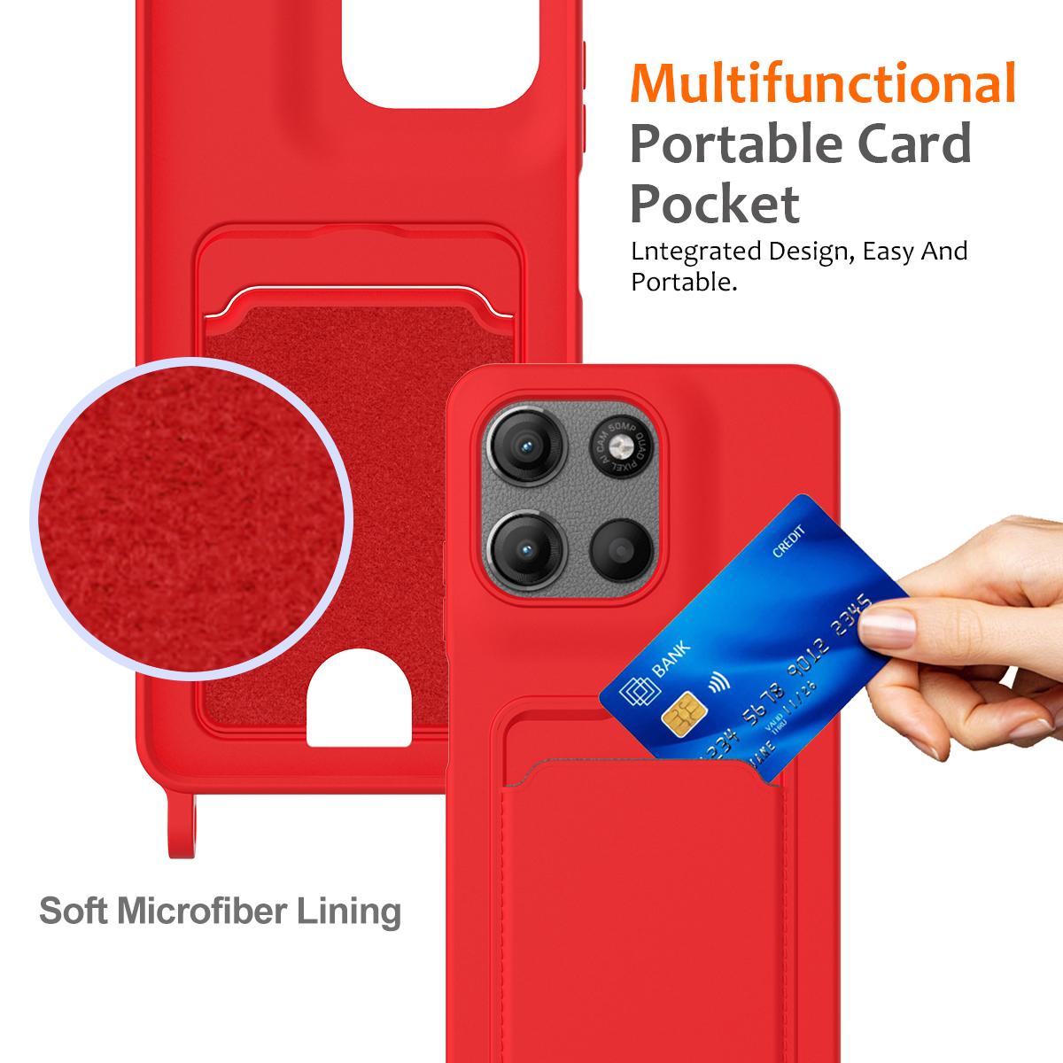 For Motorola Moto G Max 5G / G87 5G Integrated Card Bag Solid Color Liquid Silicone Phone Case with Lanyard - Red - EDA007261023A