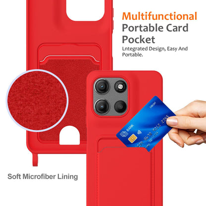 For Motorola Moto G Max 5G / G87 5G Integrated Card Bag Solid Color Liquid Silicone Phone Case with Lanyard - Red - EDA007261023A