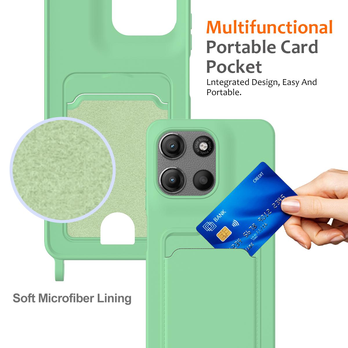 For Motorola Moto G Max 5G / G87 5G Integrated Card Bag Solid Color Liquid Silicone Phone Case with Lanyard - Green - EDA007261023B