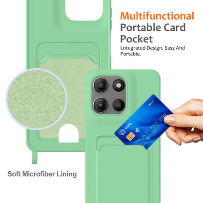 For Motorola Moto G Max 5G / G87 5G Integrated Card Bag Solid Color Liquid Silicone Phone Case with Lanyard - Green - EDA007261023B