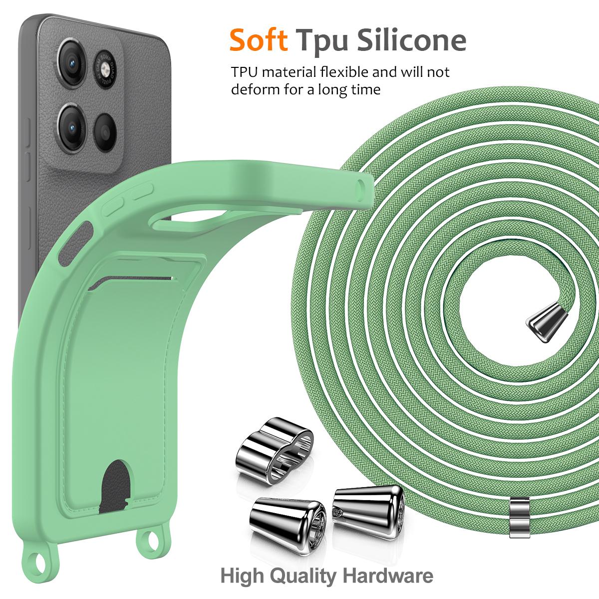 For Motorola Moto G Max 5G / G87 5G Integrated Card Bag Solid Color Liquid Silicone Phone Case with Lanyard - Green - EDA007261023B