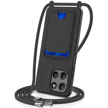For Motorola Moto G Max 5G / G87 5G Integrated Card Bag Solid Color Liquid Silicone Phone Case with Lanyard - Black - EDA007261023C