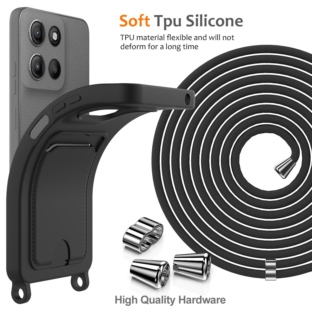 For Motorola Moto G Max 5G / G87 5G Integrated Card Bag Solid Color Liquid Silicone Phone Case with Lanyard - Black - EDA007261023C