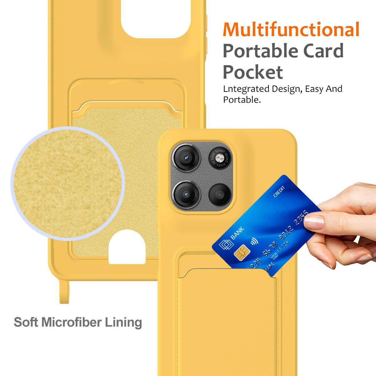 For Motorola Moto G Max 5G / G87 5G Integrated Card Bag Solid Color Liquid Silicone Phone Case with Lanyard - Yellow - EDA007261023D