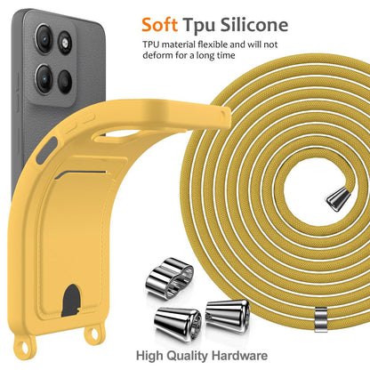For Motorola Moto G Max 5G / G87 5G Integrated Card Bag Solid Color Liquid Silicone Phone Case with Lanyard - Yellow - EDA007261023D