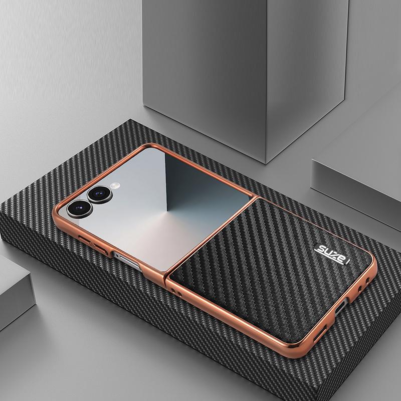 For Galaxy Z Flip8 5G AZNS Electroplated Edge Carbon Fiber Texture Phone Case - Black - EDA007266913A