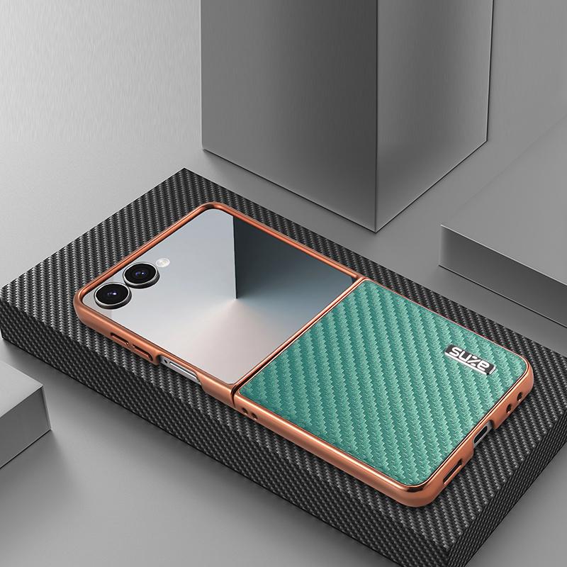 For Galaxy Z Flip8 5G AZNS Electroplated Edge Carbon Fiber Texture Phone Case - Green - EDA007266913D