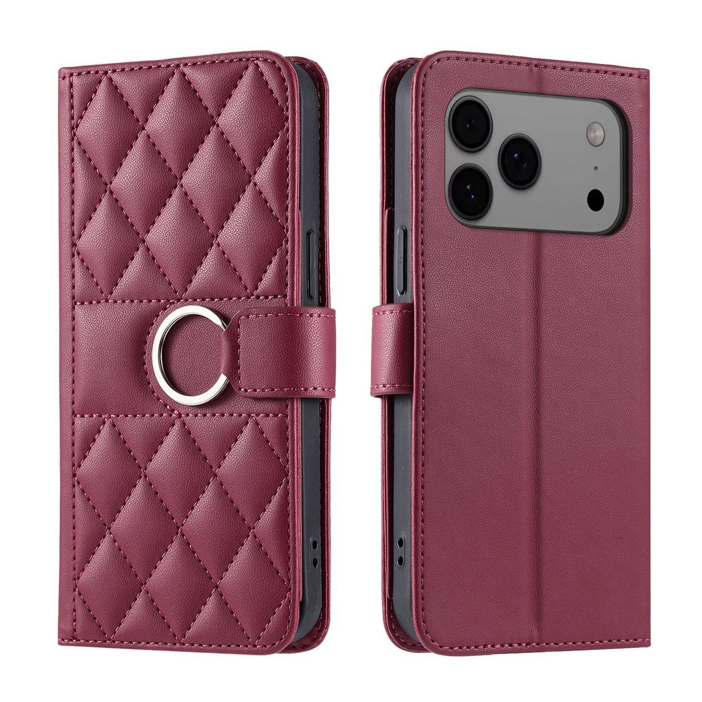 For iPhone 17 Pro Max Ring Buckle Rhombic Leather Phone Case(Red)